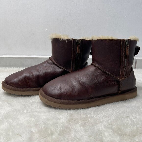UGG #1008580 Women's Brown Classic Mini Double Zip Leather Boot Shoes Size 9 US - Picture 1 of 15